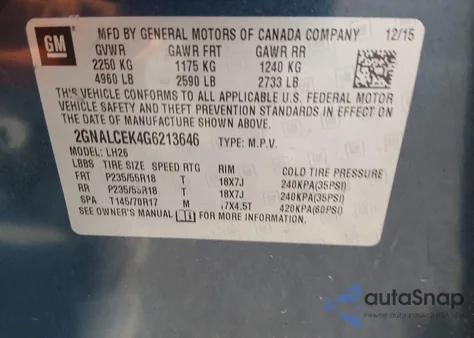 2016 Chevrolet Equinox Lt from USA, damaged, VIN 2GNALCEK4G6213646